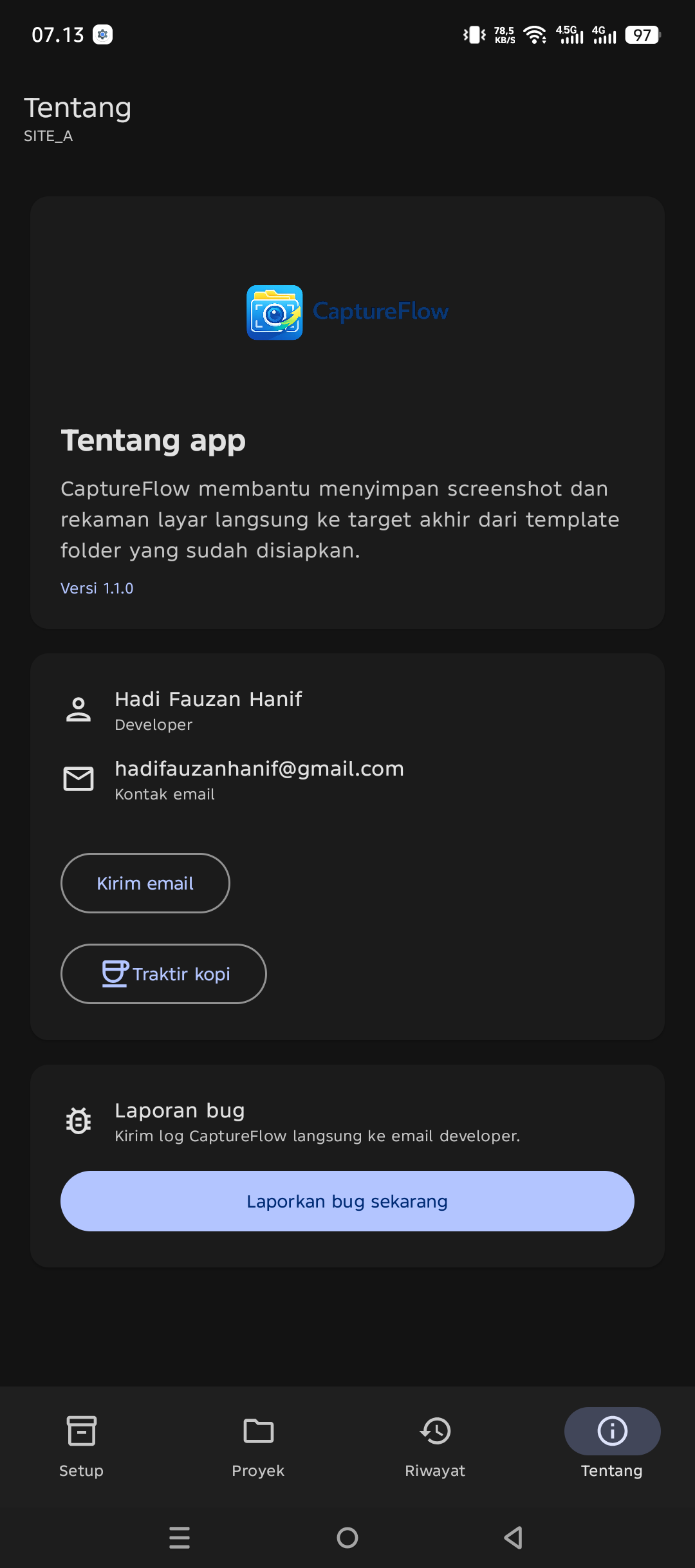 Layar tentang dan laporan bug