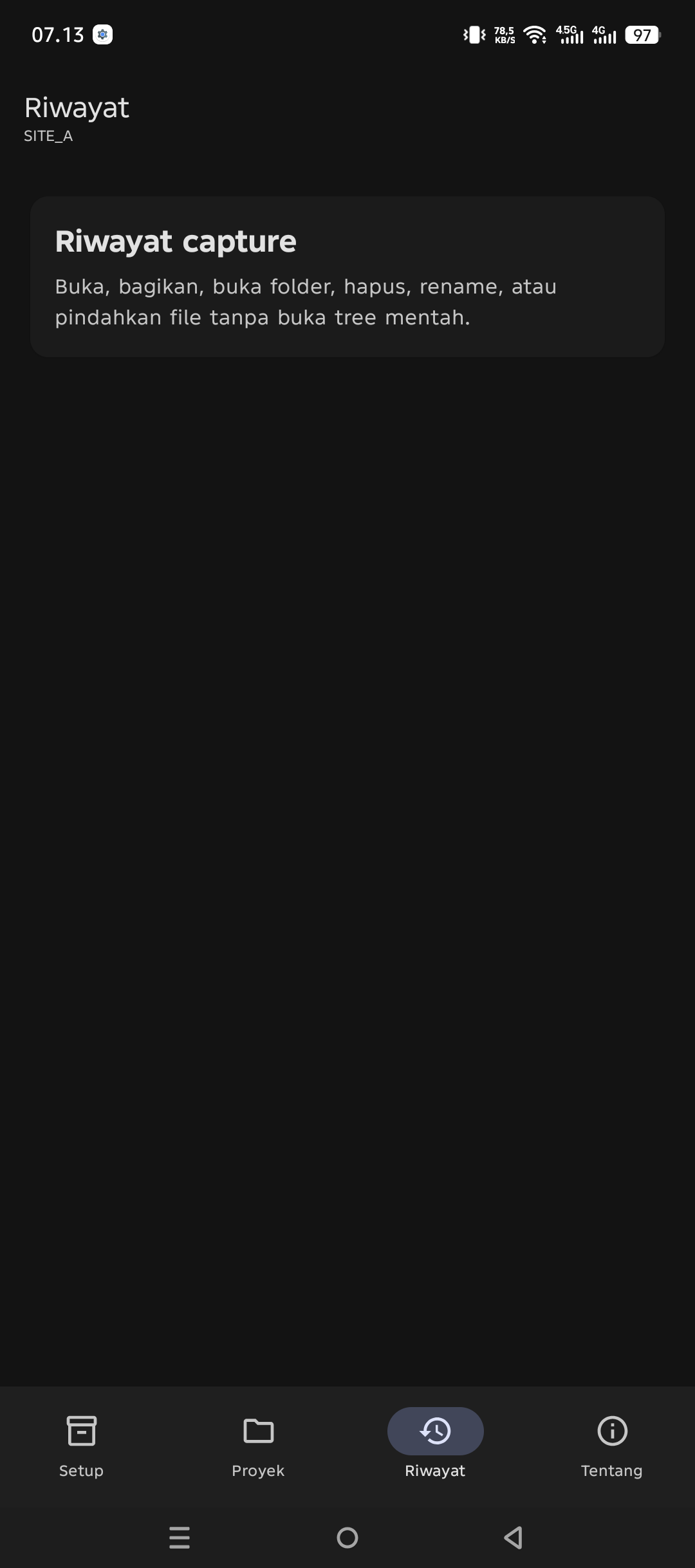 Layar riwayat CaptureFlow